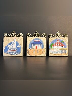 Vintage Nautical Ceramic Wall Plaques Set of 3 - Sailboat & Yacht Club